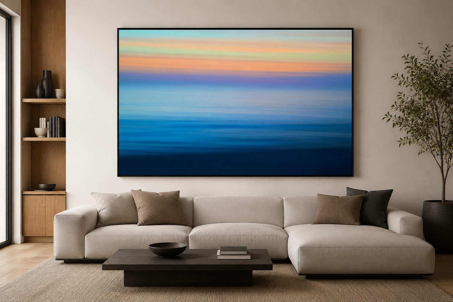 Ocean Abstract 01 shown above a couch in a living room