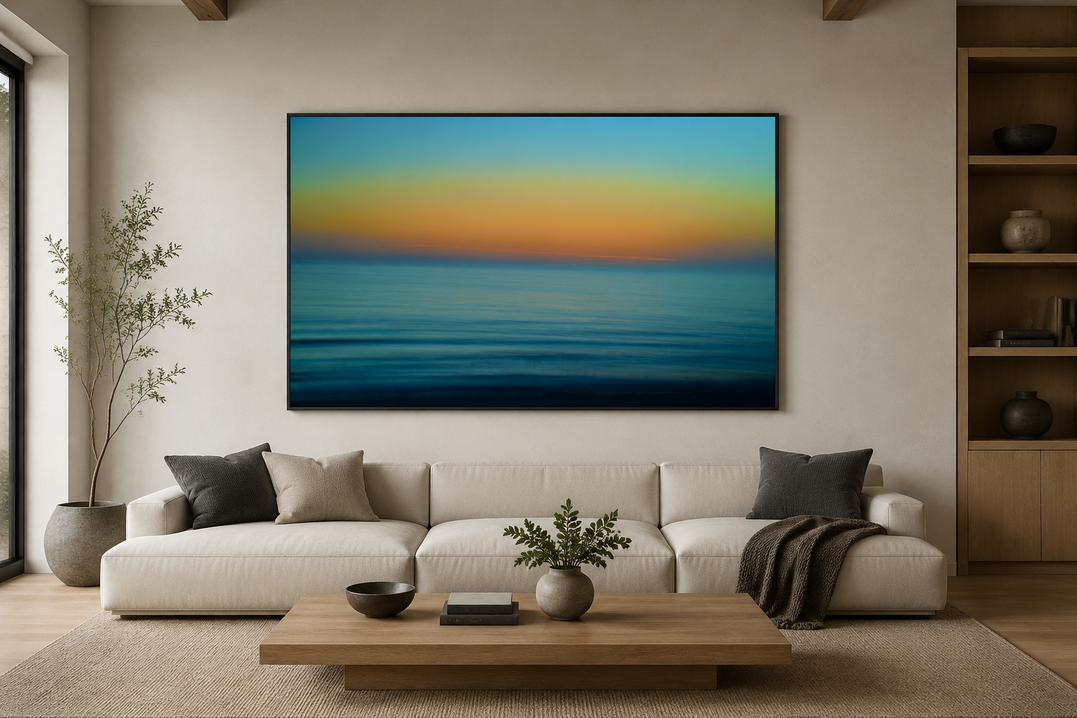 Ocean Abstract 02 shown above a couch in a living room