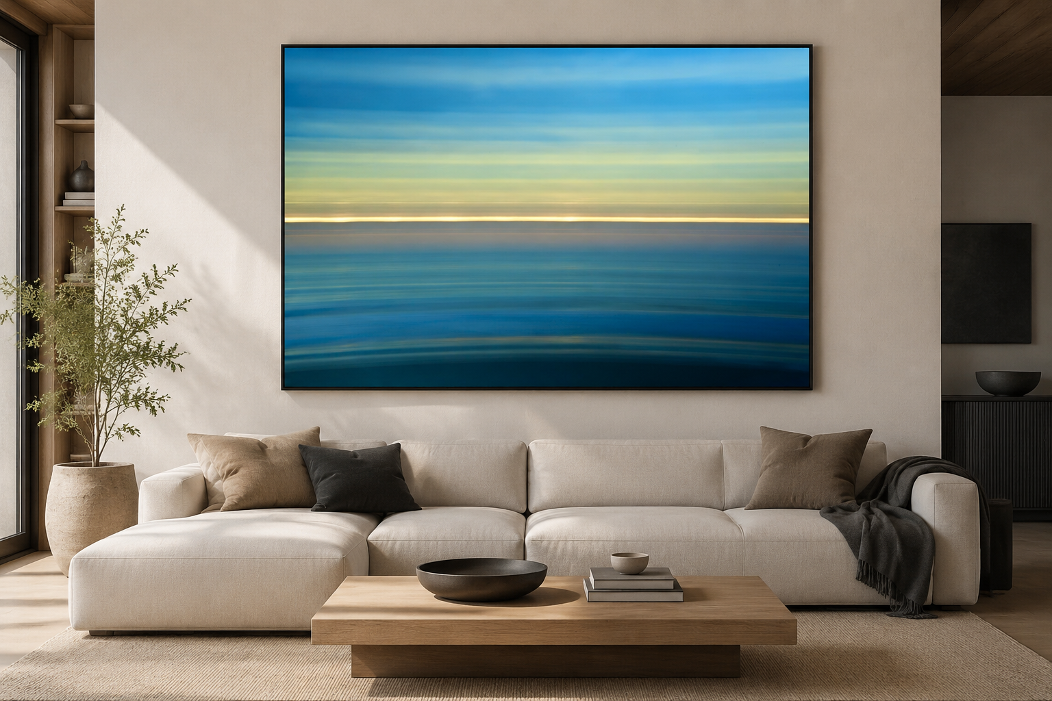 Ocean Abstract 03 shown above a couch in a living room
