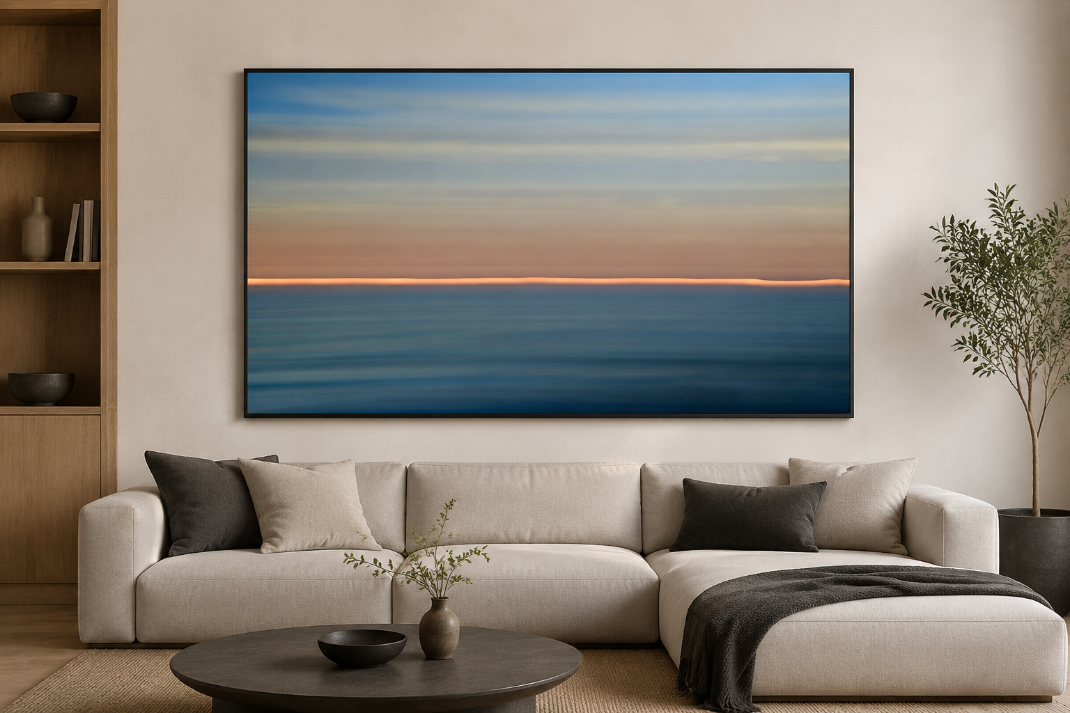 Ocean Abstract 04 shown above a couch in a living room