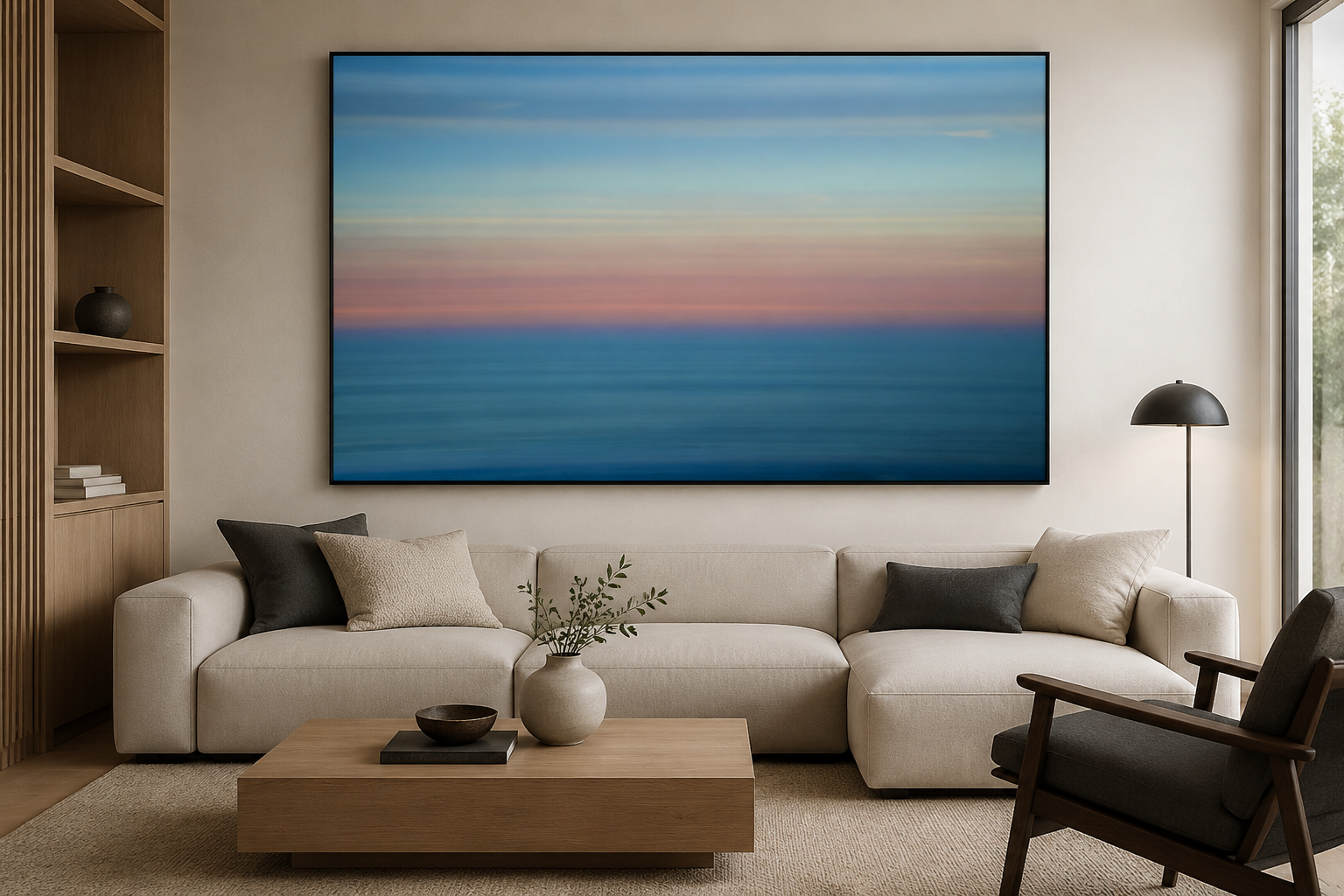 Ocean Abstract 05 shown above a couch in a living room