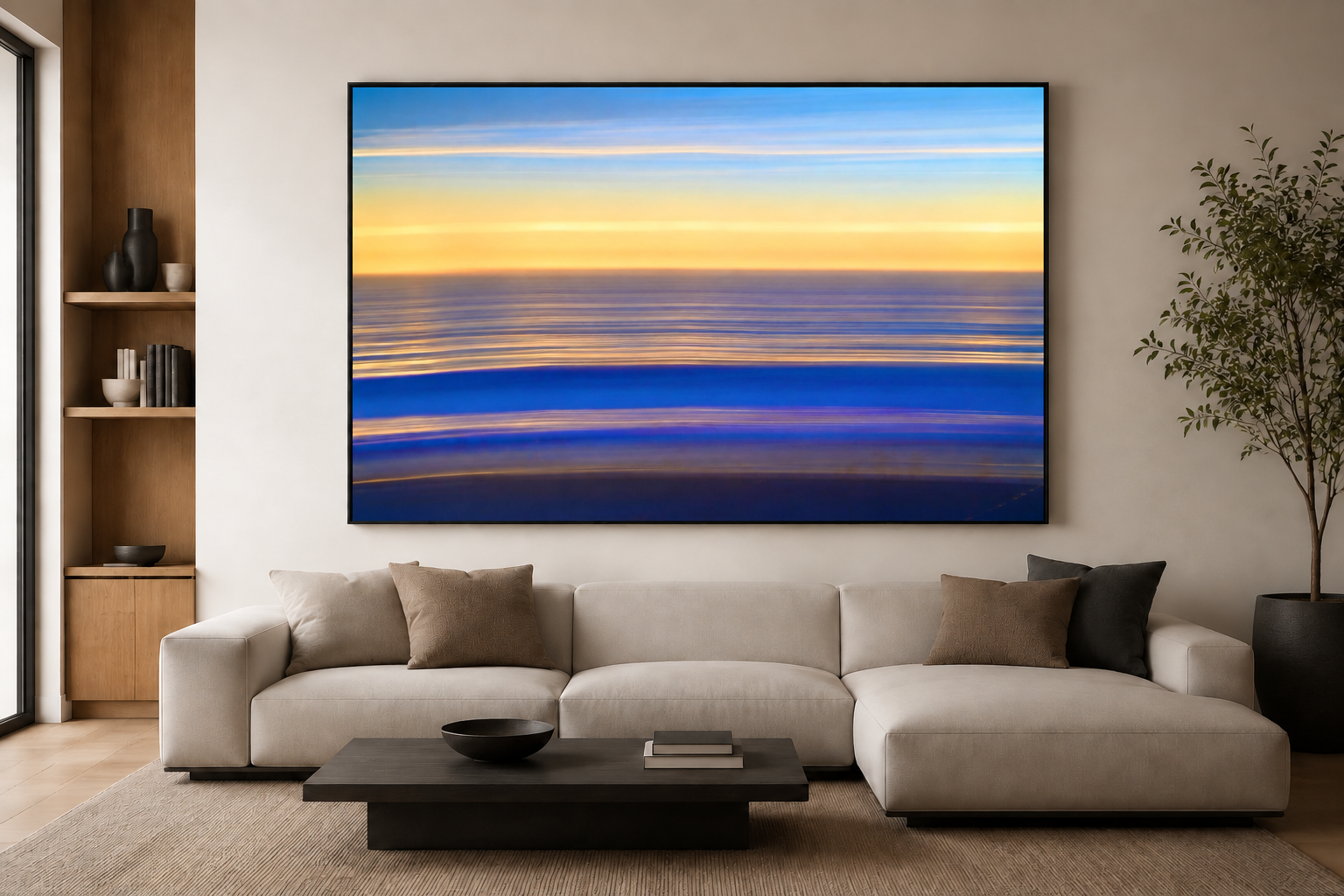 Ocean Abstract 09 shown above a couch in a living room